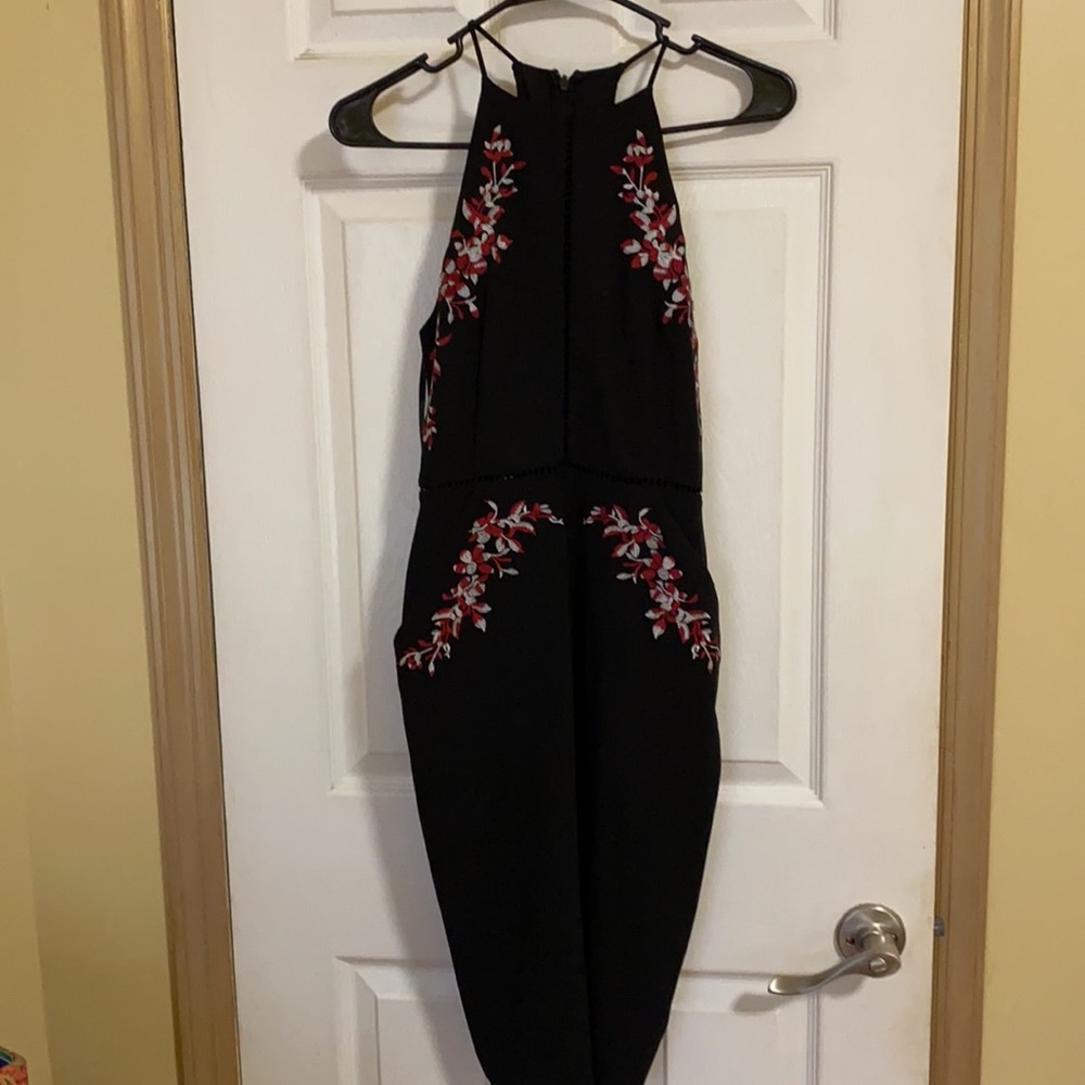 Black halter midi dress with white and red floral embroidery